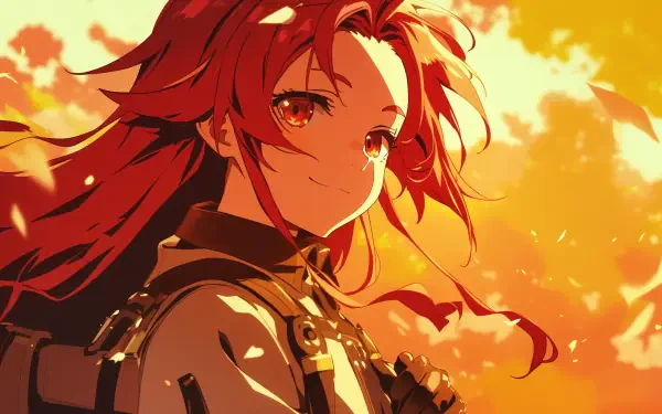 Eris Boreas Greyrat from Mushoku Tensei: Jobless Reincarnation smiles confidently against a vibrant sunset, showcasing her striking red hair and expressive eyes in this HD desktop wallpaper.