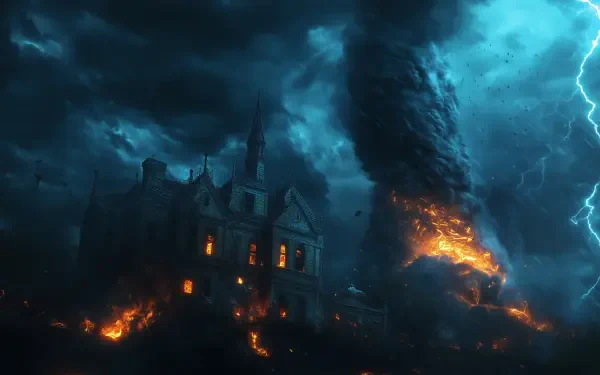 A dramatic HD wallpaper depicting a tornado amidst a thunderstorm, with dark clouds and an ominous building engulfed in flames. The intense scene captures nature's fury.