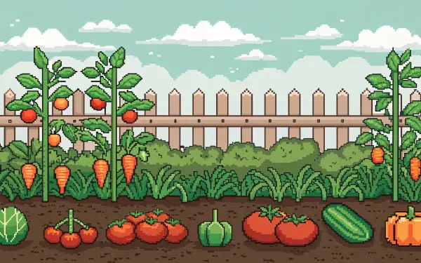 A vibrant vegetable garden featuring carrots, tomatoes, and cucumbers, set against a wooden fence under a blue sky, rendered in 4K Ultra HD for a stunning desktop wallpaper.