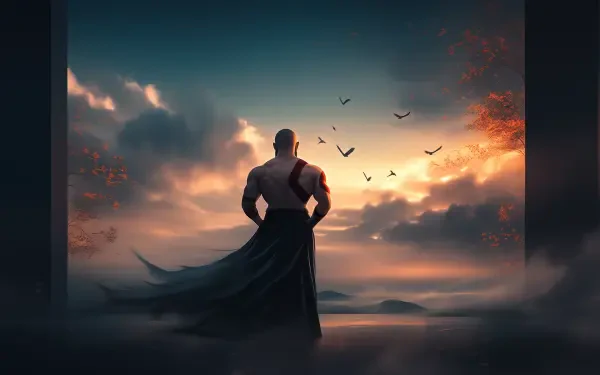 A stunning HD desktop wallpaper featuring Kratos from God of War, standing against a dramatic sunset with birds soaring in the background, creating an epic gaming atmosphere.