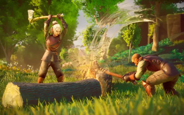 A vibrant 4K Ultra HD wallpaper from RuneScape: Dragonwilds, featuring two characters engaged in resource gathering amidst a lush, green landscape.