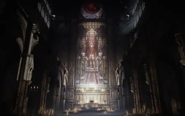 A stunning 4K Ultra HD wallpaper showcasing a dark, atmospheric interior from the video game The Duskbloods, featuring grand architecture and ethereal lighting.