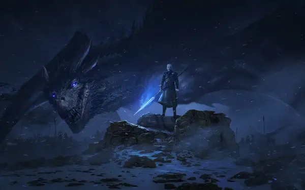 A striking HD wallpaper featuring the Night King from Game of Thrones, standing with a sword against a backdrop of a menacing dragon in a dark, snowy landscape.