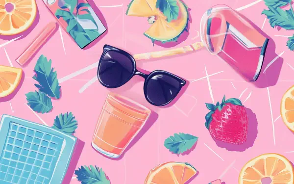 A vibrant HD desktop wallpaper featuring a playful arrangement of fruit, drinks, and shades on a pink background, reflecting a preppy Y2K aesthetic.
