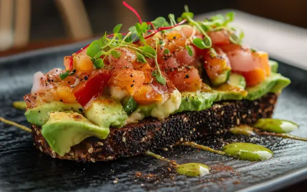 A vibrant avocado toast topped with fresh tomatoes and herbs rests on a dark plate, making it a visually appealing food image for a high-definition desktop wallpaper.