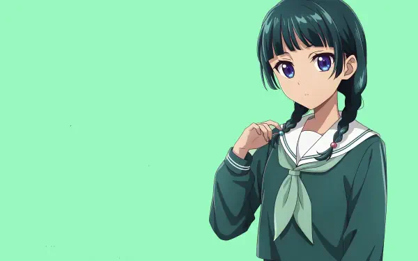 Anime-style 4K Ultra HD wallpaper featuring Maomao from The Apothecary Diaries against a solid mint green background.