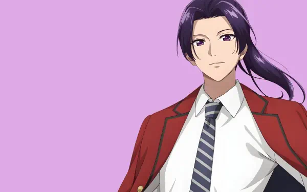 Anime-style 4K Ultra HD wallpaper featuring Jinshi from The Apothecary Diaries, with a confident expression and purple background.