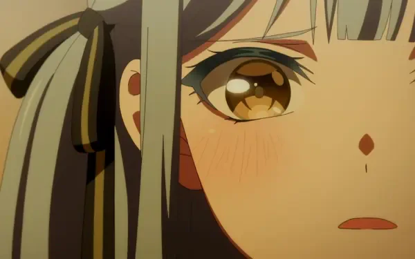 Close-up of a character from BanG Dream! Ave Mujica, showcasing expressive brown eyes and soft features, captured in a detailed 4K Ultra HD anime style.