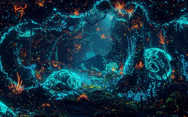 A vibrant, fluorescent underwater scene, showcasing glowing coral and marine life, captured in stunning 4K Ultra HD, serves as an immersive desktop wallpaper and background.