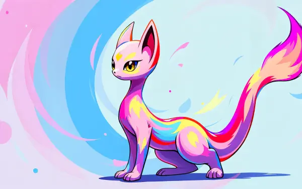 Colorful digital artwork of a stylized cat with a vibrant rainbow tail, set against a soft blue and pink background. A striking 4K Ultra HD desktop wallpaper.