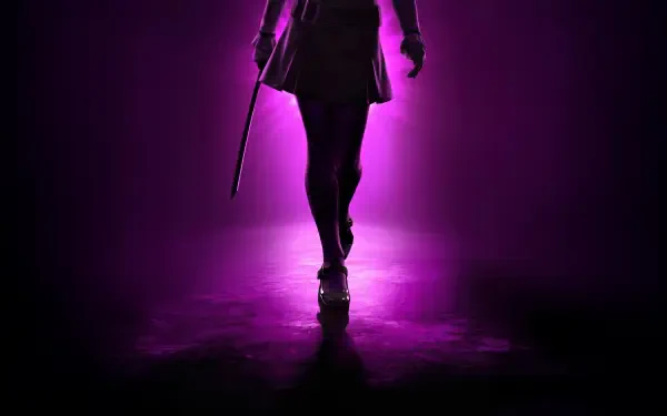 M3GAN 2.0 purple backlit silhouette walking toward viewer, legs and skirt visible, holding a slim baton; glossy floor reflection — 8K Ultra HD PC desktop wallpaper and background.