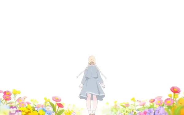 Anime-inspired HD desktop wallpaper titled The Colors Within, featuring a figure in a light blue dress surrounded by vibrant flowers against a bright, ethereal background.