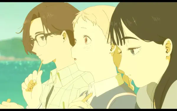 A serene anime scene from The Colors Within, featuring three characters gazing thoughtfully into the distance, evoking a sense of calm and introspection in soft pastel hues.