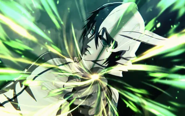 HD wallpaper featuring Ulquiorra Cifer from the video game Bleach: Rebirth of Souls, showcasing dynamic green energy effects and an intense expression.