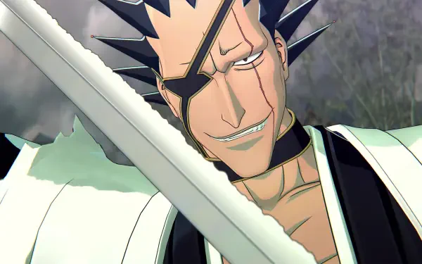 HD wallpaper featuring Kenpachi Zaraki from the video game Bleach: Rebirth of Souls, showcasing his fierce expression and distinctive sword in a dynamic pose. 
