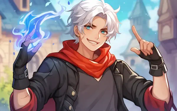 A vibrant HD desktop wallpaper featuring Dante from Devil May Cry, depicted in a cartoon style with white hair, a red scarf, and a playful expression, surrounded by a fantastical backdrop.