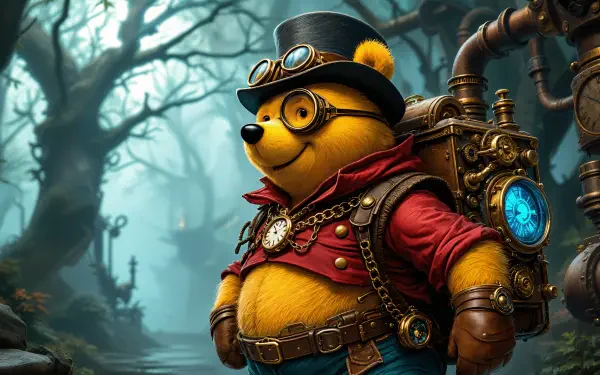 Winnie the Pooh in a steampunk outfit stands confidently in a misty forest, showcasing vibrant colors in this 4K Ultra HD desktop wallpaper and background.