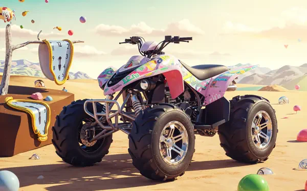 A vibrant 4K Ultra HD desktop wallpaper featuring a colorful quad bike set against a whimsical desert landscape with surreal elements and playful details.