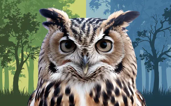A striking owl with detailed feathers and expressive eyes, set against a vibrant background of green and blue trees, presented as a 4K Ultra HD PC desktop wallpaper.