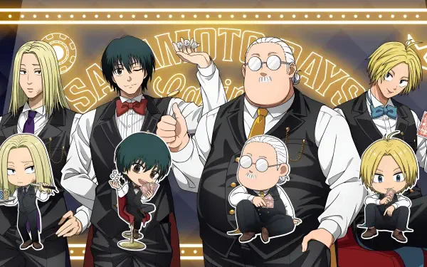 Anime Sakamoto Days group portrait in a 2K Quad HD PC desktop wallpaper — characters in black vests and ties pose beneath a lit marquee, with small chibi versions at their feet.