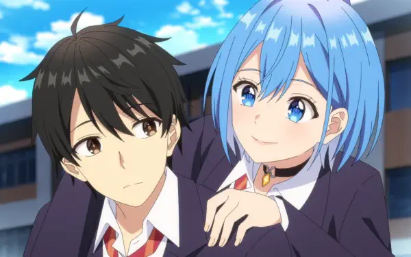 HD PC desktop wallpaper from anime Can a Boy-Girl Friendship Survive? — Himari Inuzuka (blue hair) smiles, resting her hand on classmate Yuu Natsume's shoulder in school uniforms.