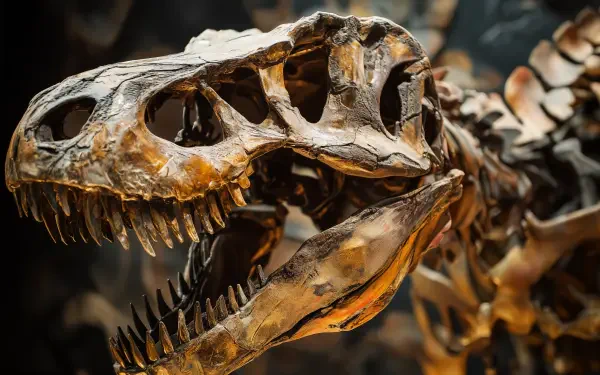 A close-up of a dinosaur fossil, showcasing the detailed skull structure and sharp teeth, set against a blurred background. This 4K Ultra HD image serves as a striking desktop wallpaper.
