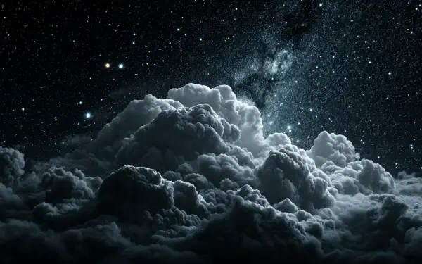 A mesmerizing starry sky filled with twinkling stars above dramatic, fluffy clouds, captured in stunning 4K Ultra HD, perfect for a desktop wallpaper.