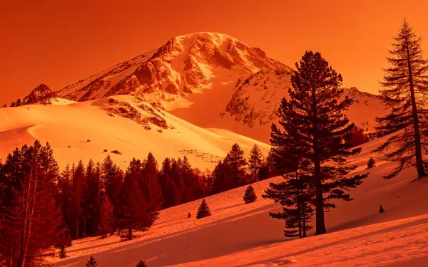 A stunning snowy mountain landscape bathed in warm orange hues, featuring tall trees and expansive snow, perfect for a 4K Ultra HD desktop wallpaper and background.
