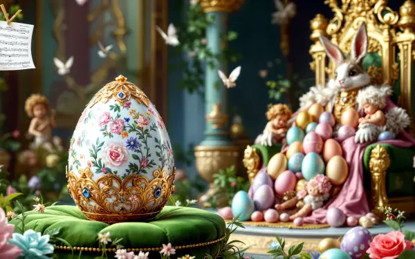 A beautifully decorated Easter egg sits on a plush green cushion, surrounded by colorful eggs and playful bunnies in a vibrant, whimsical setting, perfect for a 4K Ultra HD desktop wallpaper.