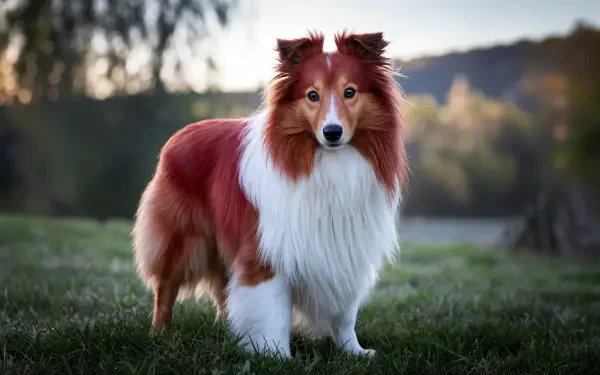 A Shetland Sheepdog with a rich reddish-brown and white coat stands alert on grass, captured in a 4K Ultra HD desktop wallpaper background.