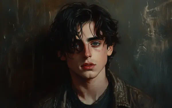 A striking HD wallpaper featuring Timothée Chalamet, captured with a moody background that highlights his expressive features and distinctive hairstyle.