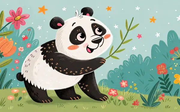 A cute panda cartoon stands among colorful flowers and lush greenery, holding a bamboo sprig, ideal for a vibrant 4K Ultra HD PC desktop wallpaper.