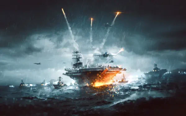 4K Ultra HD Battlefield video game wallpaper showing a dramatic naval battle with explosions and rain under dark, stormy skies on a PC desktop background.