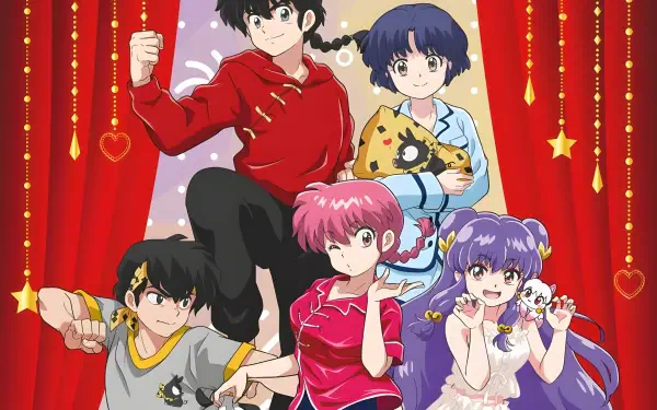 Ranma ½ anime 2K Quad HD PC desktop wallpaper/background: five characters—Ranma in a red hoodie and four companions—posed before red curtains adorned with hanging hearts and stars.