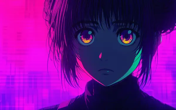 Aesthetic anime girl with vibrant, colorful eyes against a striking purple and blue background, designed as a 4K Ultra HD PC desktop wallpaper.