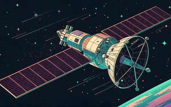A colorful illustration of a satellite with solar panels, set against a cosmic background filled with stars, designed as a 4K Ultra HD PC desktop wallpaper.
