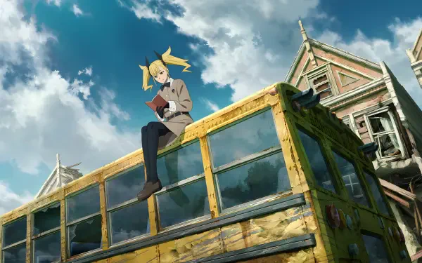 Anime 4K Ultra HD PC desktop wallpaper and background of Kaiju No. 8's Kikoru Shinomiya perched on a weathered yellow bus under a bright blue sky with city rooftops.