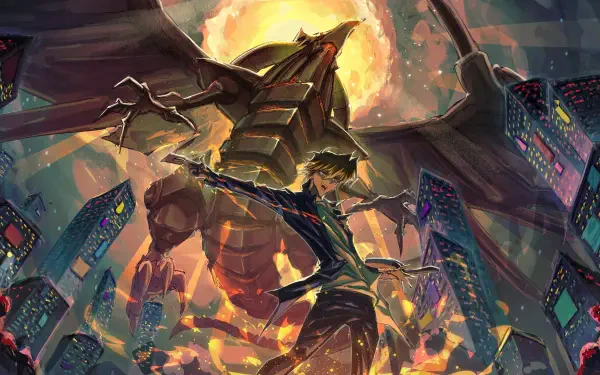 An intense scene featuring Joey Wheeler from Yu-Gi-Oh! summoning The Winged Dragon of Ra, set against a vibrant backdrop of city ruins and flames. HD artwork for anime fans.