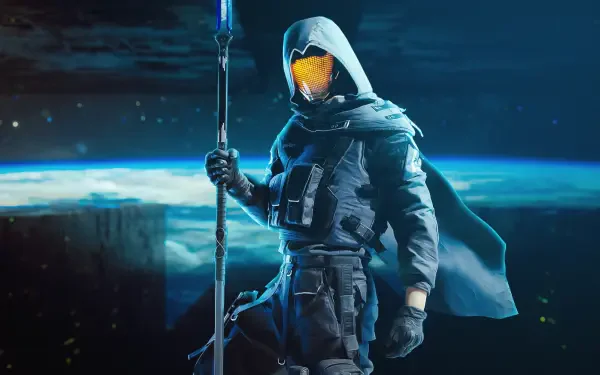 A mysterious character stands confidently, clad in dark attire with a glowing yellow visor and a staff, set against a cosmic background from the video game The Finals.