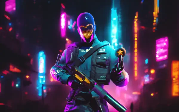 A futuristic character with a neon mask and tactical gear holds a weapon amidst a vibrant, neon-lit cityscape, capturing the dynamic essence of the video game The Finals in 4K Ultra HD.