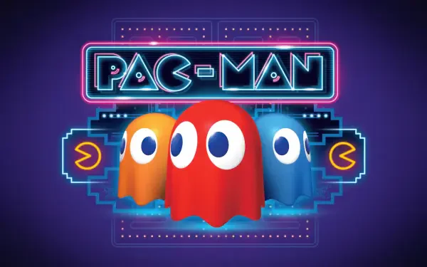 Colorful ghosts from the classic video game Pac-Man, set against a vibrant purple background, showcased in a striking 4K Ultra HD wallpaper.