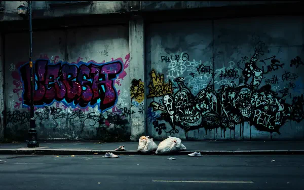 A vibrant graffiti wall features colorful tags and intricate designs, with discarded bags on the street, captured in a striking 4K Ultra HD wallpaper.