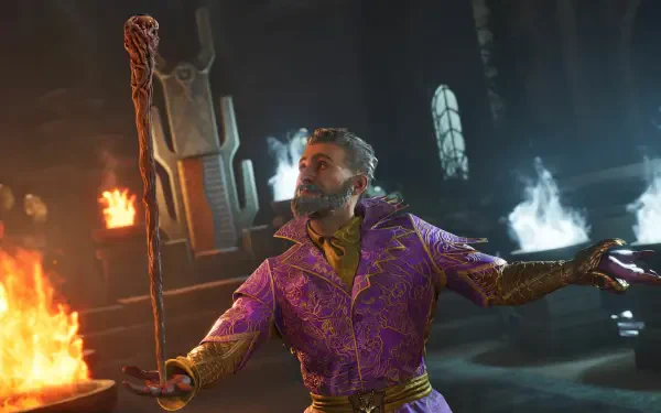 A wizard in vibrant purple robes wields a staff, surrounded by mystical elements in a dramatic setting from The Elder Scrolls IV: Oblivion, presented as a 4K Ultra HD wallpaper.