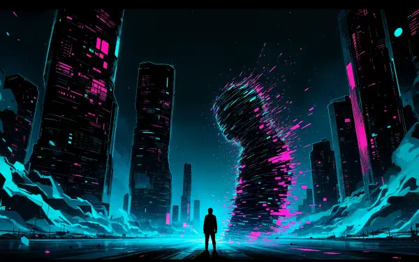 A futuristic landscape featuring a silhouetted figure in front of towering, illuminated skyscrapers. Vibrant pink and blue particles swirl around, creating a dynamic, digital atmosphere. 4K Ultra HD wallpaper.