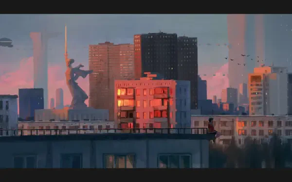 A vibrant artistic cityscape featuring futuristic architecture, with a statue prominently displayed against a colorful sunset sky, perfect for an HD desktop wallpaper.