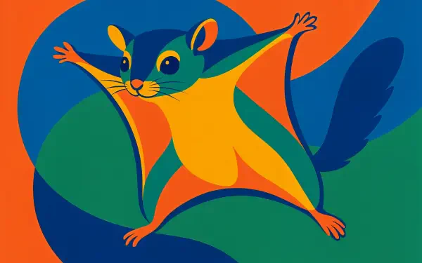 Colorful digital illustration of a flying squirrel gliding with outstretched limbs, designed as a vibrant 4K Ultra HD PC desktop wallpaper background.