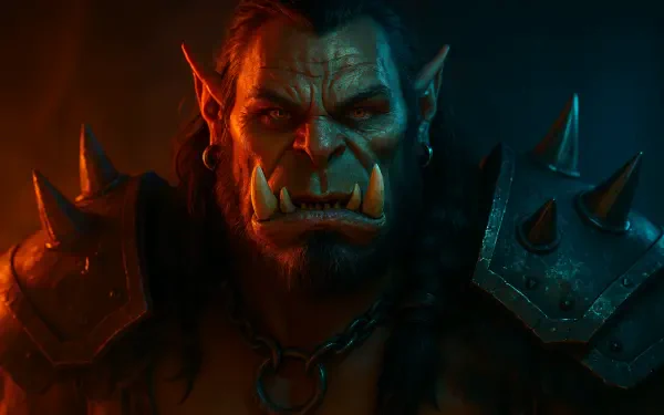 4K Ultra HD Warcraft PC wallpaper featuring a fierce orc warrior with glowing eyes, detailed armor, and tusks against a dark, moody background.
