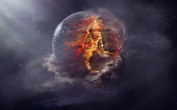 HD PC desktop wallpaper from the video game Stellaris depicting a dramatic space scene of a planet undergoing a fiery explosion and destruction.