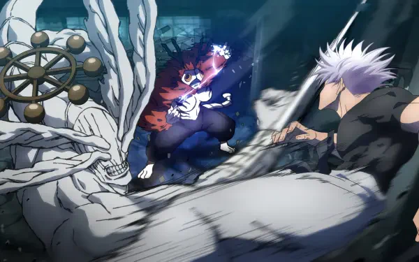 Anime 4K Ultra HD wallpaper featuring Satoru Gojo and Mahoraga from Jujutsu Kaisen in an intense Gojo vs Sukuna battle scene.