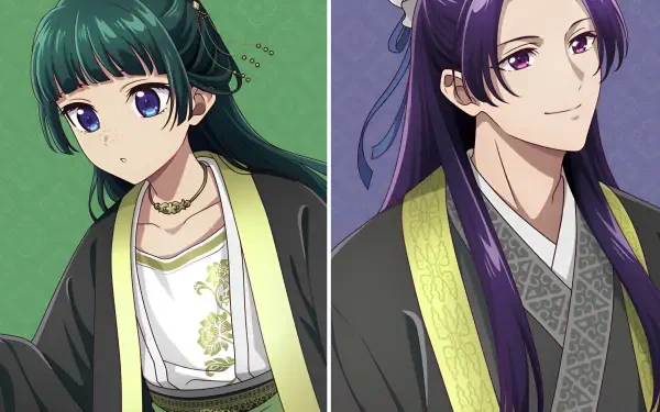 HD PC wallpaper featuring Maomao and Jinshi from the anime The Apothecary Diaries, showcasing detailed character art with vibrant colors and traditional attire.